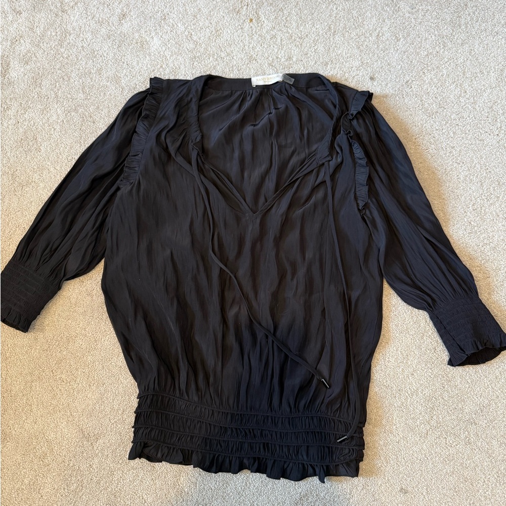 Ramy Brook Black V-Neck Ruffle Tie Blouse